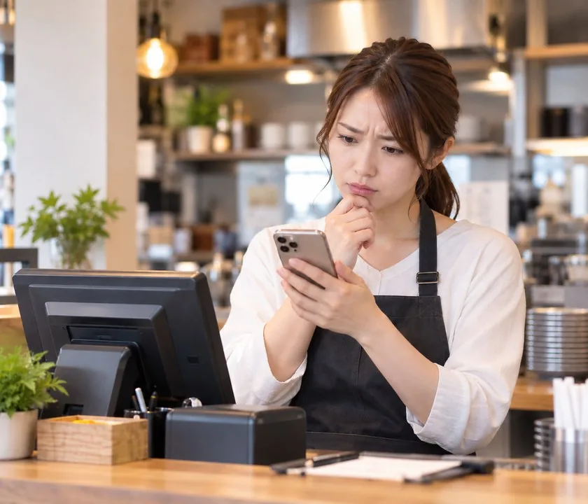 カウンターでスマホを見ながら困った顔をしている店長。