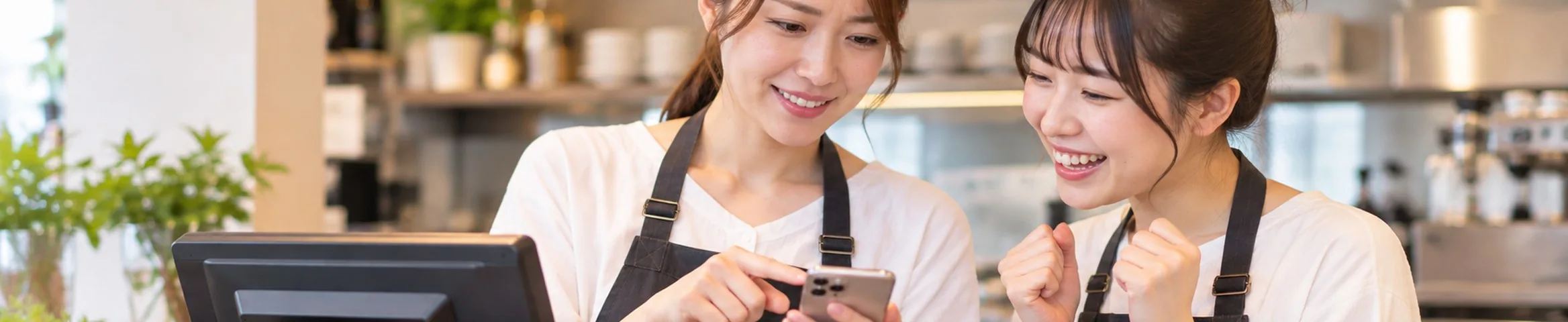 カウンターでスマホのシフト表を一緒に見ている店長とスタッフ。