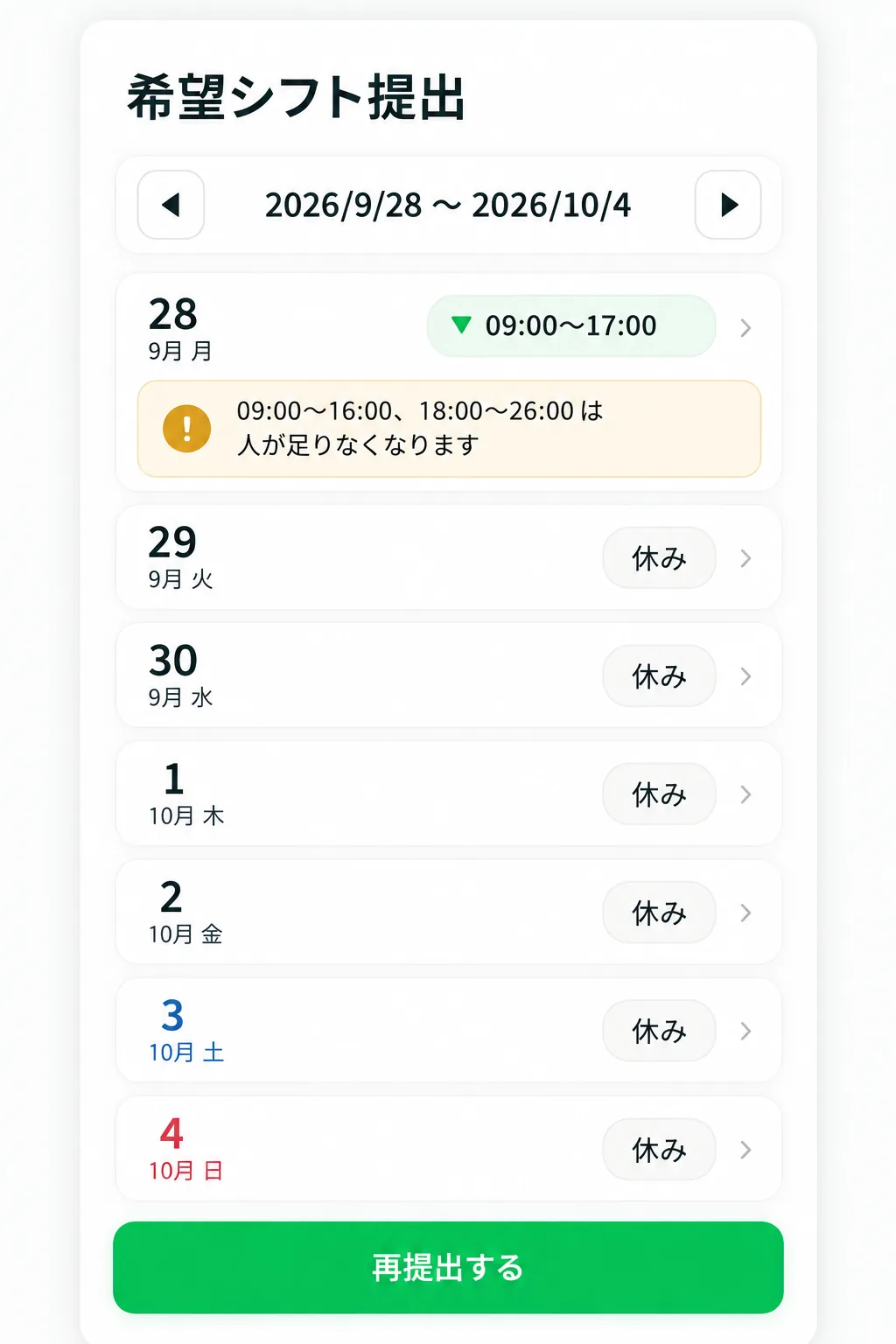 希望シフト提出の画面に「09:00〜16:00、18:00〜26:00 は人が足りなくなります」と出ている。