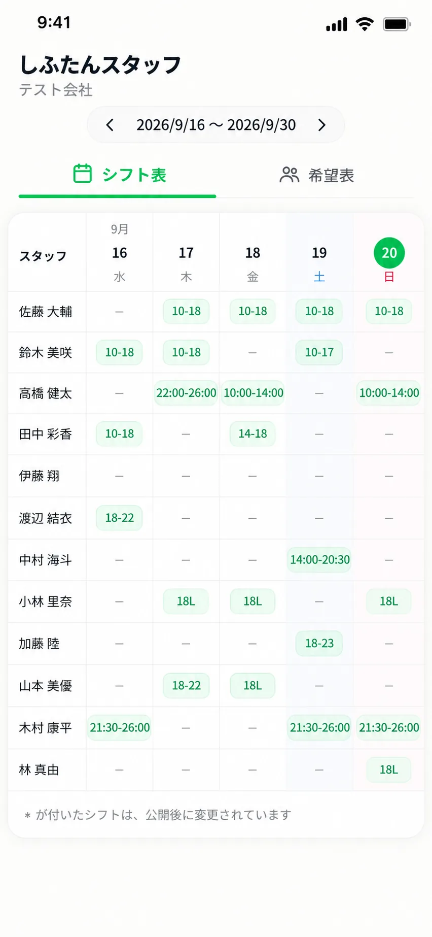 スタッフがLINEから開いたシフト表。自分の勤務時間が並んでいる画面。