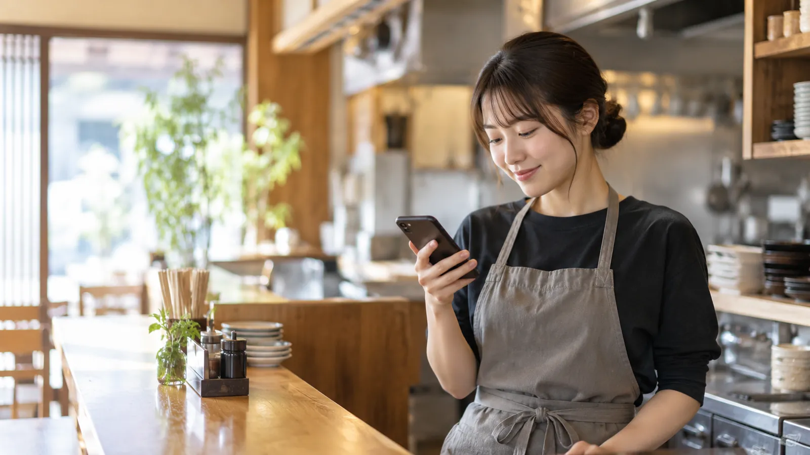 カウンターでスマートフォンを見るスタッフ