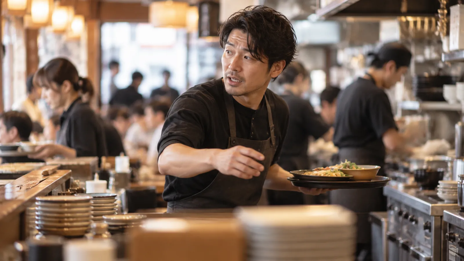 忙しい店内で振り向く店長